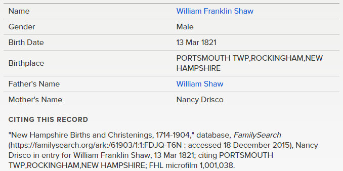 william franklin shaw birth