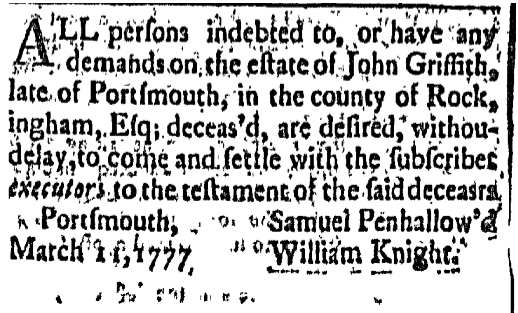 John Griffith Saturday March 15 1777 Freeman's Journal Portsmouth New Hampshire Volume I Issue 43 Page 3